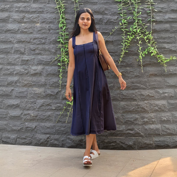 Blue Cotton Flax Paneled Midi Dress