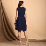 Blue Cotton Flax Pleated Square Neck Short Sleeveless Dress