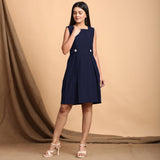Blue Cotton Flax Pleated Square Neck Short Sleeveless Dress