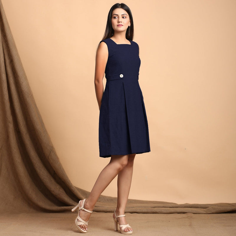Blue Cotton Flax Pleated Square Neck Short Sleeveless Dress