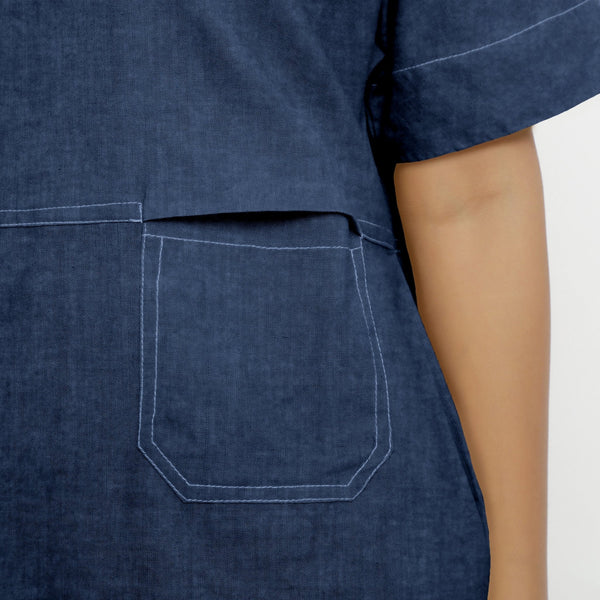 Blue Cotton Linen Yoked Knee Length Shift Dress