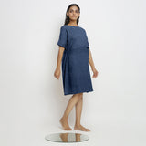 Blue Cotton Linen Yoked Knee Length Shift Dress