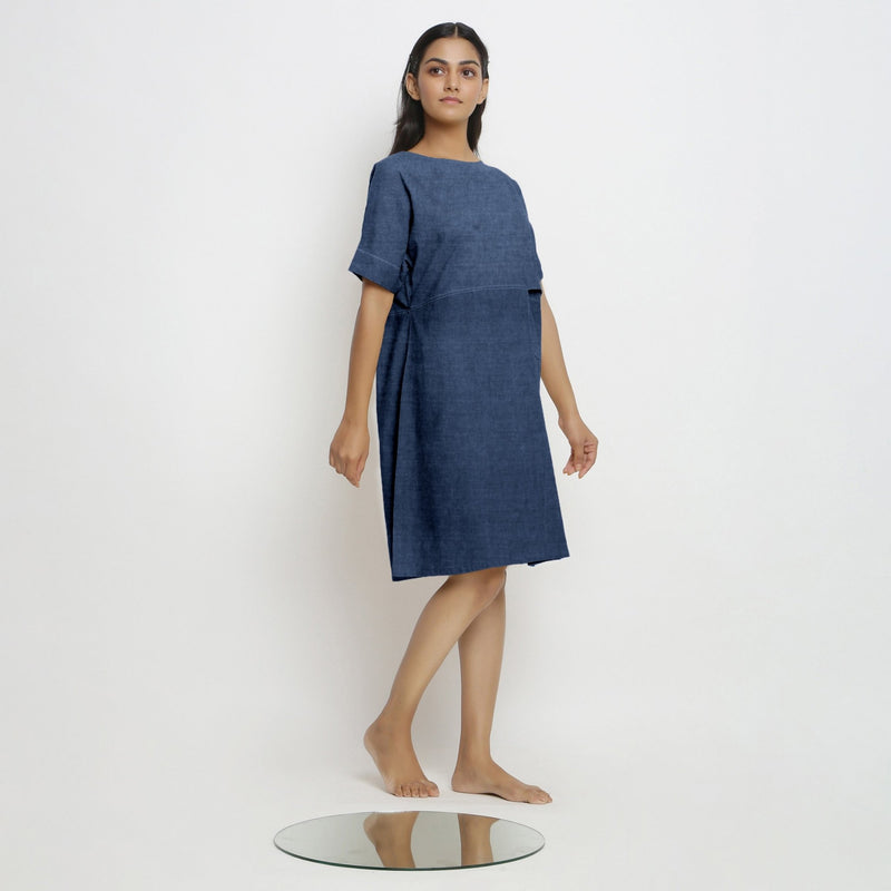 Blue Cotton Linen Yoked Knee Length Shift Dress
