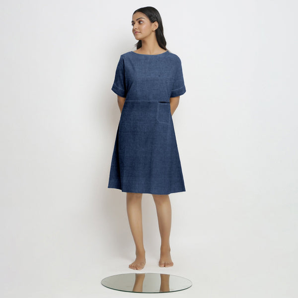 Blue Cotton Linen Yoked Knee Length Shift Dress