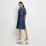 Blue Cotton Linen Yoked Knee Length Shift Dress