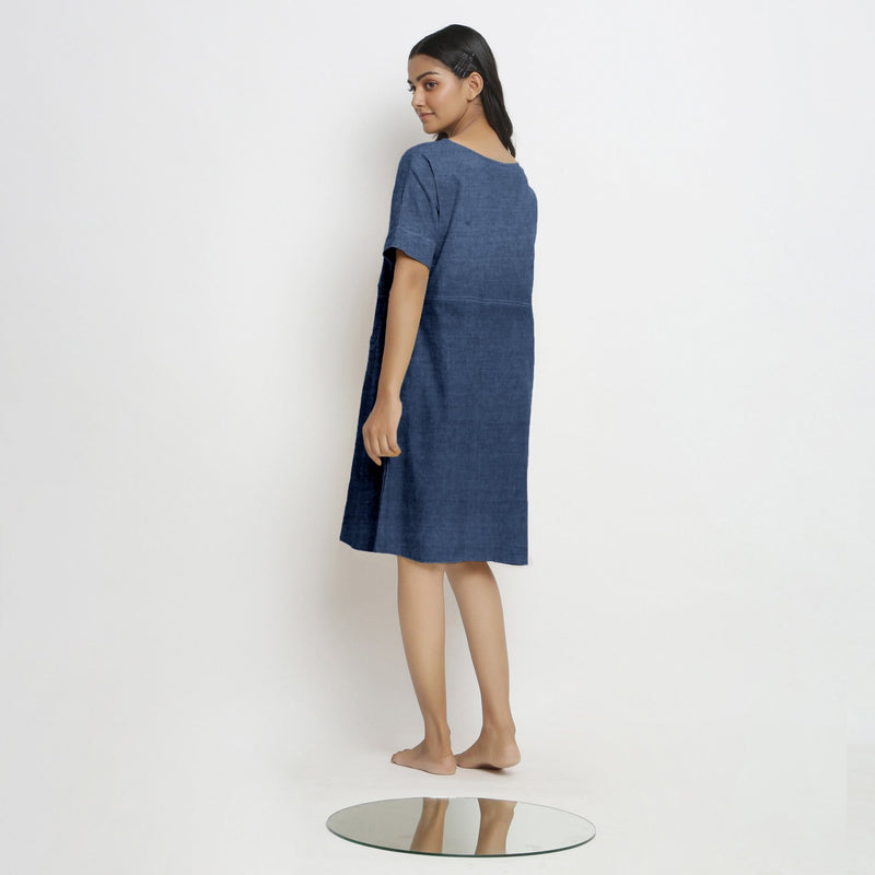 Blue Cotton Linen Yoked Knee Length Shift Dress