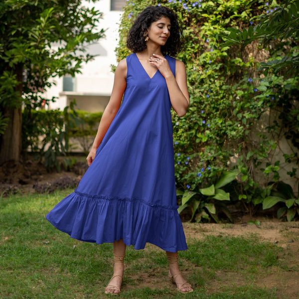 Blue Cotton Poplin A-Line Deep Neck Sleeveless Maxi Dress