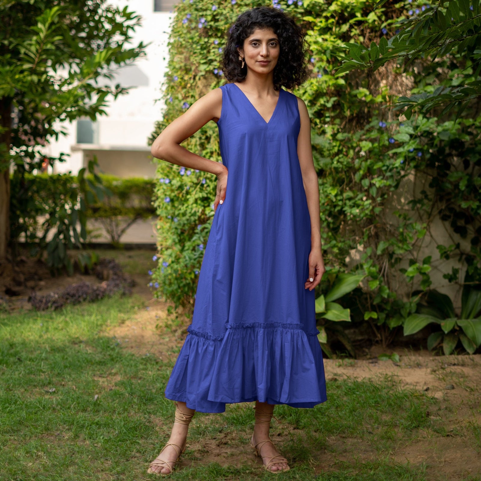 jersey poplin sleeveless maxi dress Blue Cotton A-Line Deep Neck 34
