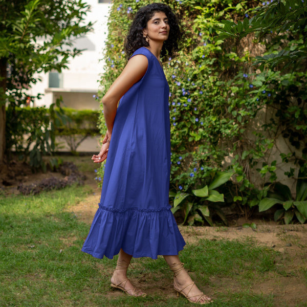 Blue Cotton Poplin A-Line Deep Neck Sleeveless Maxi Dress