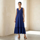 Blue Cotton Poplin A-Line Deep Neck Sleeveless Maxi Tier Dress