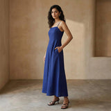 Blue Cotton Poplin Ankle Length Flared Sundress