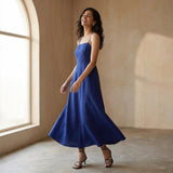 Blue Cotton Poplin Ankle Length Flared Sundress