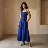 Blue Cotton Poplin Ankle Length Flared Sundress