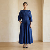 Blue Cotton Poplin Cinched Waist Flared Maxi Dress