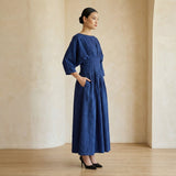 Blue Cotton Poplin Cinched Waist Flared Maxi Dress