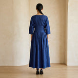 Blue Cotton Poplin Cinched Waist Flared Maxi Dress
