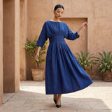 Blue Cotton Poplin Cinched Waist Flared Maxi Dress