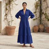 Blue Cotton Poplin Deep-V Maxi Tier Dress
