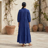 Blue Cotton Poplin Deep-V Maxi Tier Dress