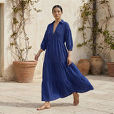 Blue Cotton Poplin Deep-V Maxi Tier Dress
