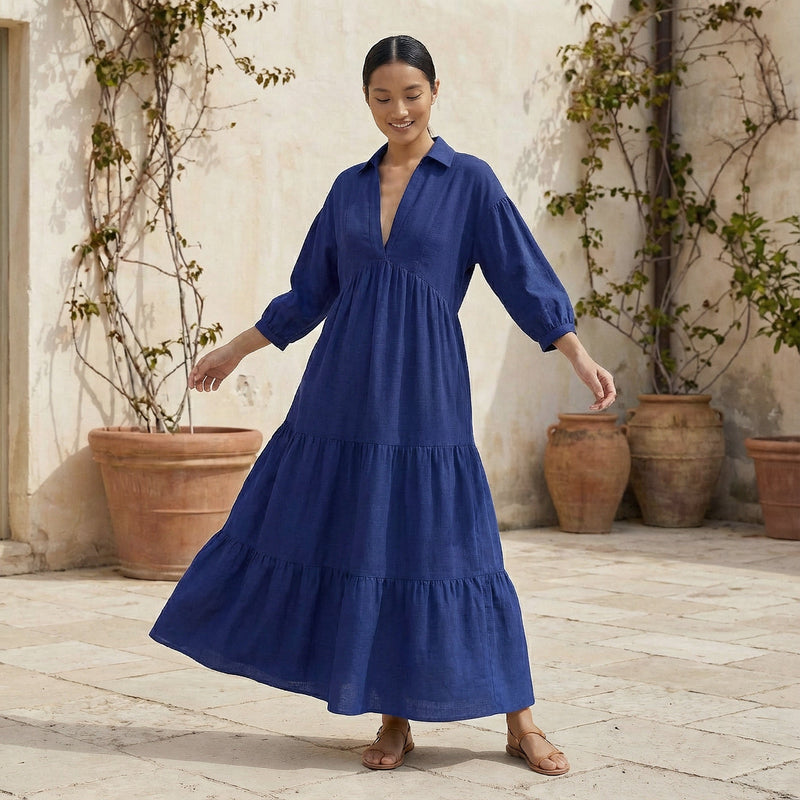 Blue Cotton Poplin Deep-V Maxi Tier Dress 70