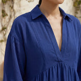 Blue Cotton Poplin Deep-V Maxi Tier Dress