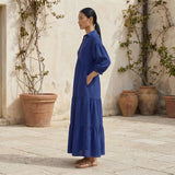 Blue Cotton Poplin Deep-V Maxi Tier Dress