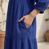 Blue Cotton Poplin Deep-V Maxi Tier Dress