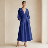 Blue Cotton Poplin Deep-V Neck Empire Waist Maxi Dress