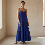 Blue Cotton Poplin Drop-Waist Camisole Maxi Tier Dress