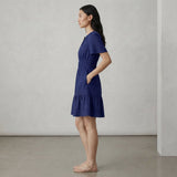 Blue Cotton Poplin Elasticated Short Tier Dress