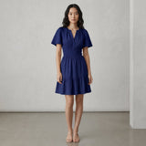 Blue Cotton Poplin Elasticated Short Tier Dress