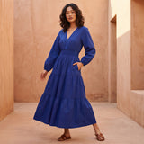 Blue Cotton Poplin Fit and Flare Maxi Tier Dress