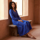 Blue Cotton Poplin Fit and Flare Maxi Tier Dress