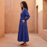 Blue Cotton Poplin Fit and Flare Maxi Tier Dress