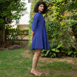 Blue Cotton Poplin Fit and Flare Short Button-Down Shirt Dress