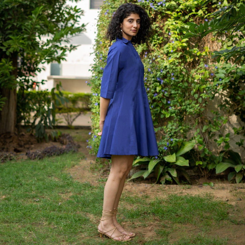 Buy Blue Cotton Poplin Fit and Flare Short Button Down Shirt Dress Online at SeamsFriendly