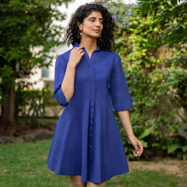 Blue Cotton Poplin Fit and Flare Short Button-Down Shirt Dress