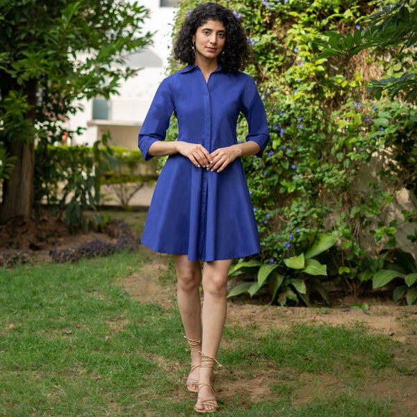 Blue Cotton Poplin Fit and Flare Short Button-Down Shirt Dress