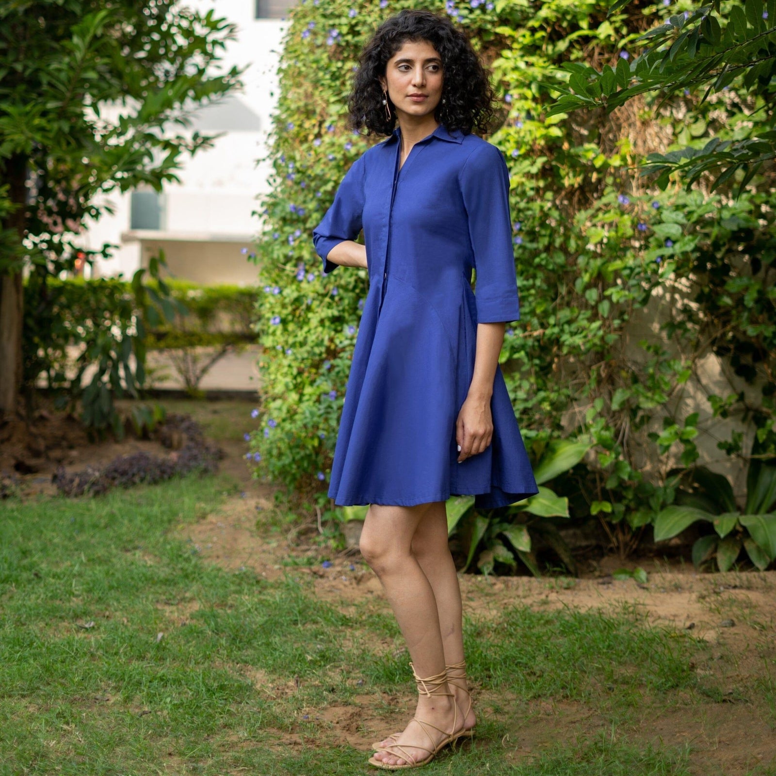 Blue Cotton Poplin Fit and Flare Short Button-Down Shirt Dress 54" / Tall (5'7" and above)