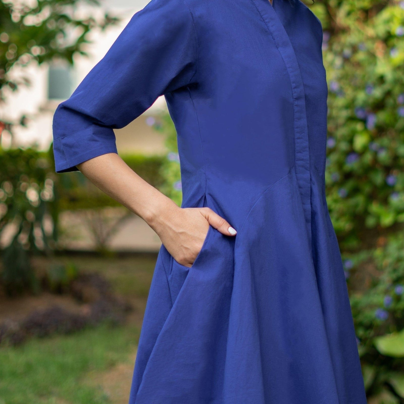 SeamsFriendly Blue Cotton Poplin Fit and Flare Short Button Down Shirt Dress 54 Tall 5 7 and Above