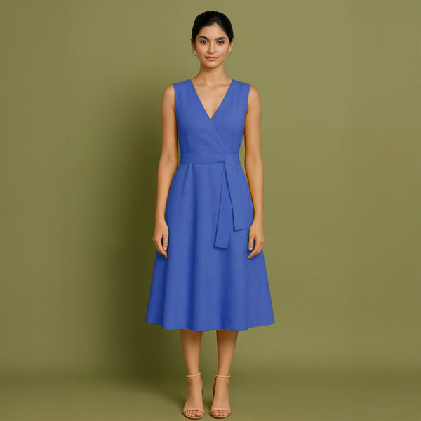 Blue Cotton Poplin Fit and Flare Sleeveless Midi Dress 34" / Petite (5'1" and below) Blue Cotton Poplin Fit and Flare Sleeveless Midi Dress 34" / Petite (5'1" and below)