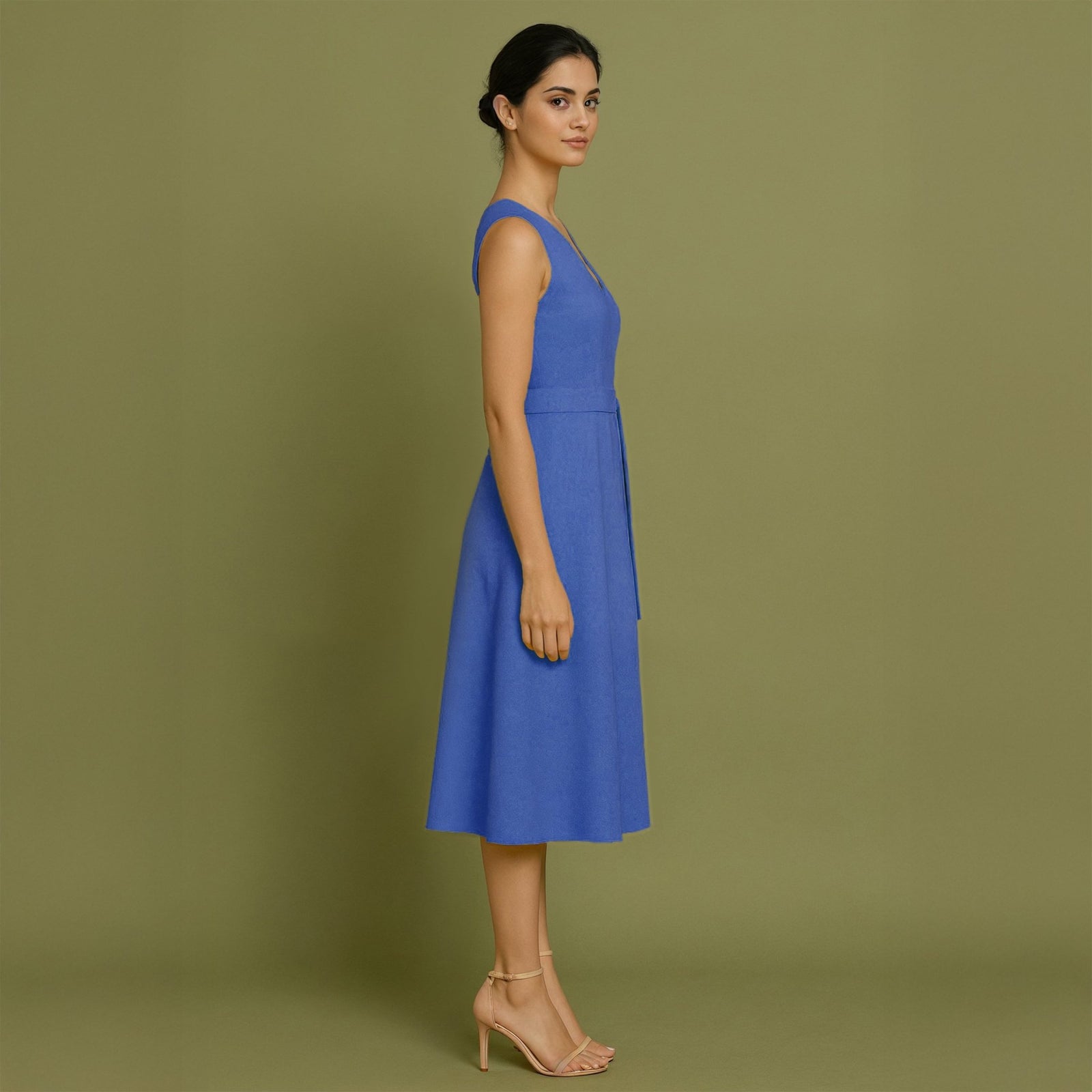 Blue Cotton Poplin Fit and Flare Sleeveless Midi Dress 34