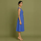 Blue Cotton Poplin Fit and Flare Sleeveless Midi Dress