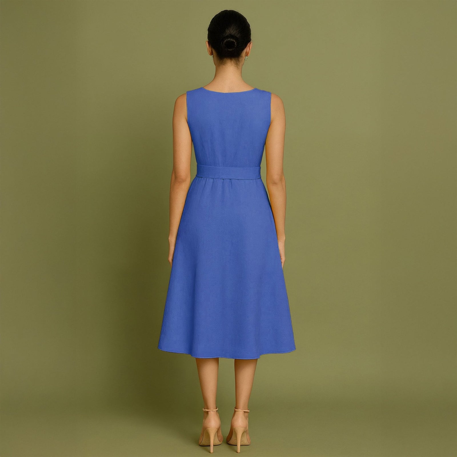 Blue Cotton Poplin Fit and Flare Sleeveless Midi Dress 34