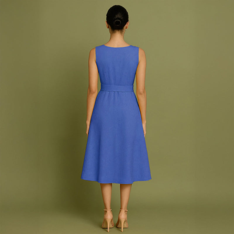 Blue Cotton Poplin Fit and Flare Sleeveless Midi Dress 34" / Petite (5'1" and below) Blue Cotton Poplin Fit and Flare Sleeveless Midi Dress 34" / Petite (5'1" and below)