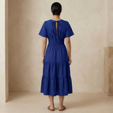 Blue Cotton Poplin Flutter Sleeve Tie-Back Tiered Midi Dress