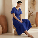 Blue Cotton Poplin Flutter Sleeve Tie-Back Tiered Midi Dress