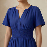 Blue Cotton Poplin Flutter Sleeve Tie-Back Tiered Midi Dress