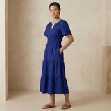 Blue Cotton Poplin Flutter Sleeve Tie-Back Tiered Midi Dress